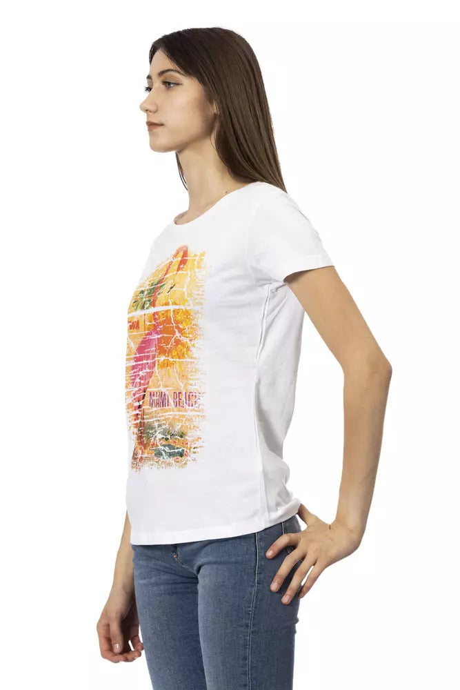 T-Shirt by Trussardi Action for women in viscose cotton white & print features an on trend silhouette, perfectly showcasing a on trend and round neckline for an elevated aesthetic.