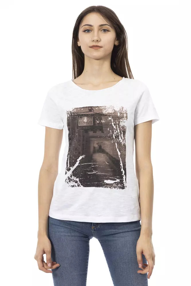 T-Shirt by Trussardi Action for women in viscose cotton canvas white & print showcases a dramatic silhouette, elegantly detailed with a dramatic and short-sleeve for a truly dramatic finish.