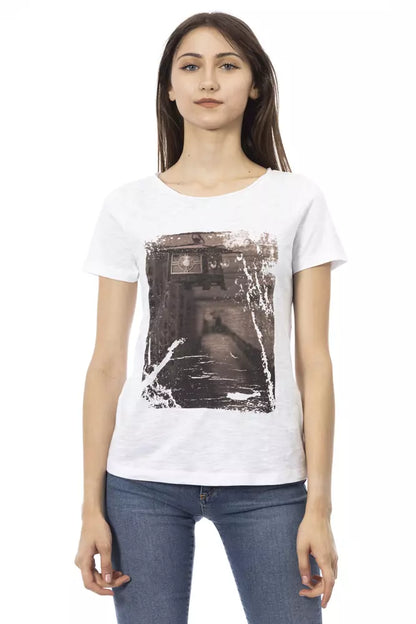 T-Shirt by Trussardi Action for women in viscose cotton canvas white & print showcases a dramatic silhouette, elegantly detailed with a dramatic and short-sleeve for a truly dramatic finish.