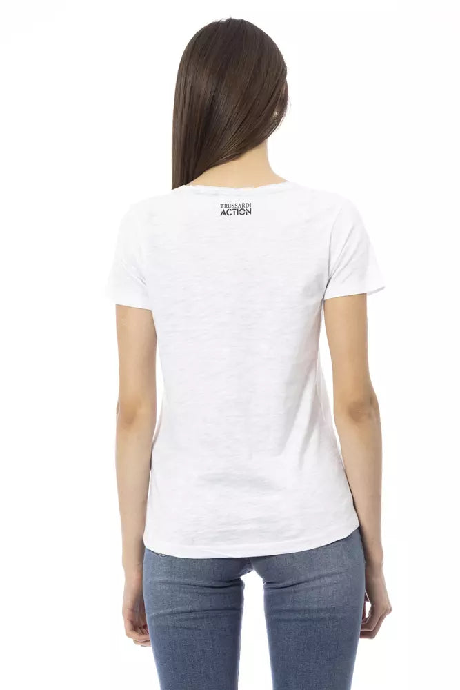 T-Shirt by Trussardi Action for women in viscose cotton canvas white & print showcases a fashionable silhouette, elegantly detailed with a fashionable and for a sophisticated, high-fashion look.