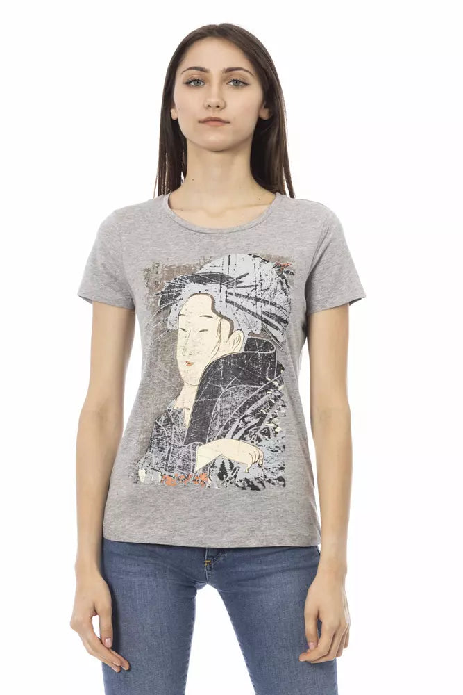 Chic Gray Short Sleeve Tee with Front Print