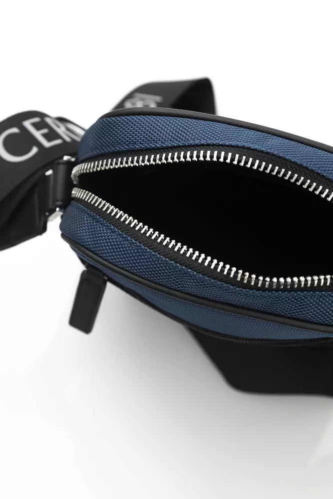 Messenger Backpack by Cerruti 1881 for men in nylon blue showcases an architectural Nylon Messenger Backpack design, featuring a secure zipper, ample built-in-compartments, and architectural shoulder-strap for a sophisticated look.