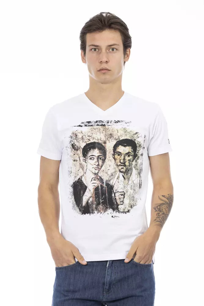 T-Shirt by Trussardi Action for men in viscose cotton white & print features an on trend silhouette, perfectly showcasing a on trend short-sleeve and v-neck neckline for an elevated aesthetic.