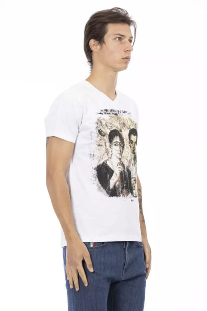 T-Shirt by Trussardi Action for men in viscose cotton white & print showcases a dramatic silhouette, elegantly detailed with a dramatic v-neck neckline and for a truly dramatic finish.
