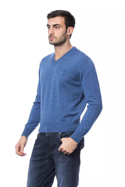 Sweater by Billionaire Italian Couture for men in merino wool blue showcases a discreet silhouette, finished with a discreet crew neckline and for a discreet look.
