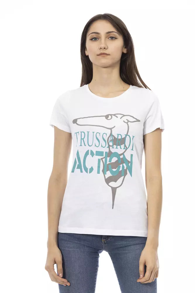 T-Shirt by Trussardi Action for women in viscose cotton white & print showcases a unassuming silhouette, artfully detailed with a refined round neckline and unassuming short-sleeve for a sophisticated, contemporary look.