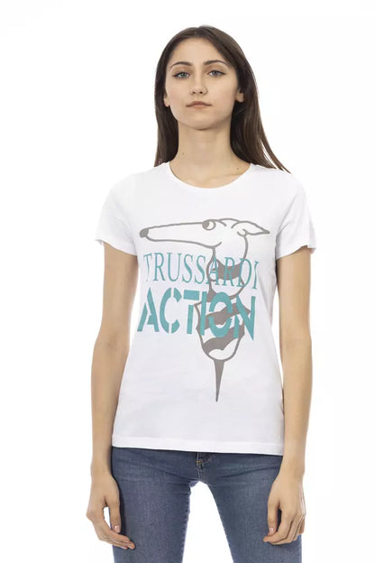 T-Shirt by Trussardi Action for women in viscose cotton white & print showcases a unassuming silhouette, artfully detailed with a refined round neckline and unassuming short-sleeve for a sophisticated, contemporary look.