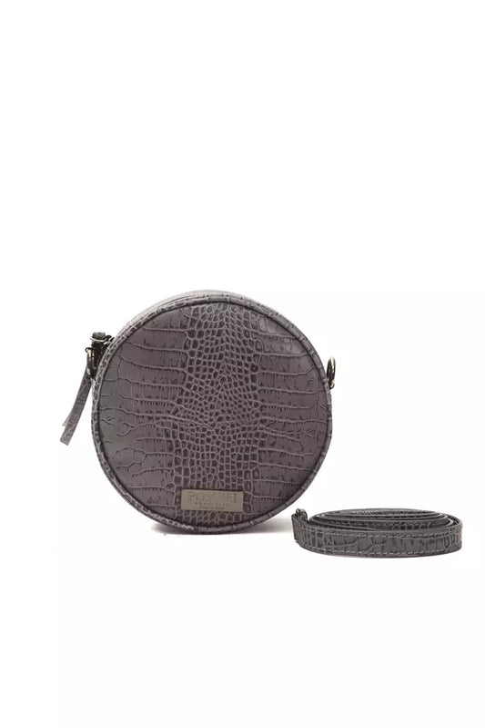 Small Crossbody Oval Handbag by Pompei Donatella for women in crocodile skin leather gray & print features a transformative elegance silhouette, showcasing a secure zipper, organized , and versatile crossbody-strap & detachable-strap for a transformative elegance look.
