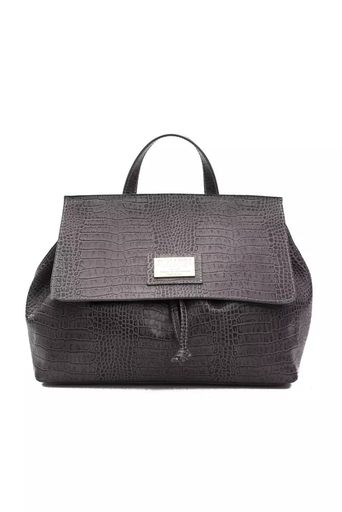 Travel Backpack Handbag by Pompei Donatella for women in crocodile skin leather gray, signature-print & print features a signature silhouette, showcasing a secure and signature with versatile backpack-strap & adjustable-strap for a sophisticated look.