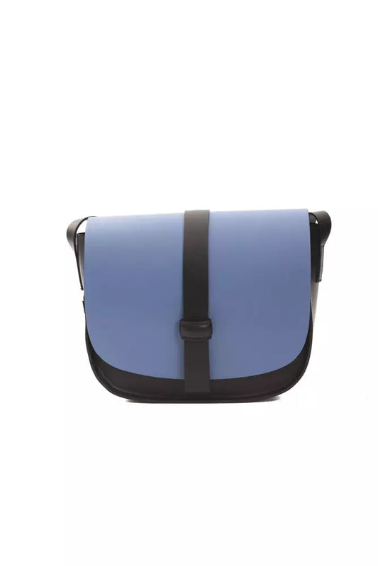 Crossbody Handbag by Pompei Donatella for women in leather black, blue & print features a transformative elegance silhouette, showcasing a secure fold-over, organized , and versatile crossbody-strap for a transformative elegance look.