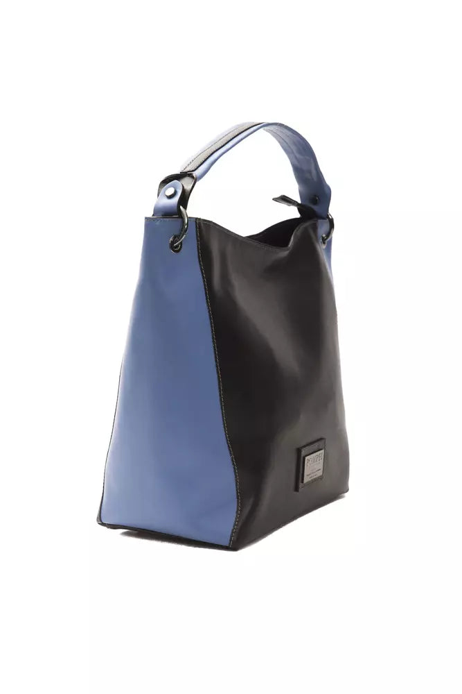 Shoulder Bag by Pompei Donatella for women in leather black, blue & silver features a statuesque silhouette, showcasing a secure and statuesque with versatile shoulder-strap & adjustable-strap for a statuesque finish.