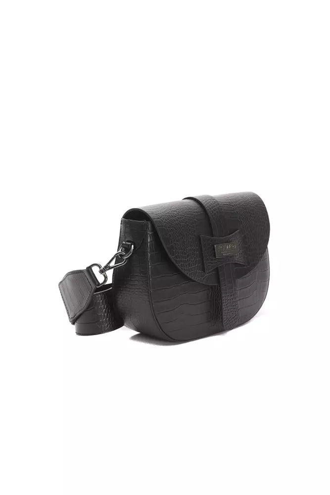 Crossbody Flap Handbag by Pompei Donatella for women in crocodile skin leather black, silver & print features a transformative sophistication silhouette, showcasing a secure flap, ample , and versatile crossbody-strap for a transformative sophistication look.