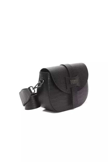 Crossbody Flap Handbag by Pompei Donatella for women in crocodile skin leather black, silver & print features a transformative sophistication silhouette, showcasing a secure flap, ample , and versatile crossbody-strap for a transformative sophistication look.