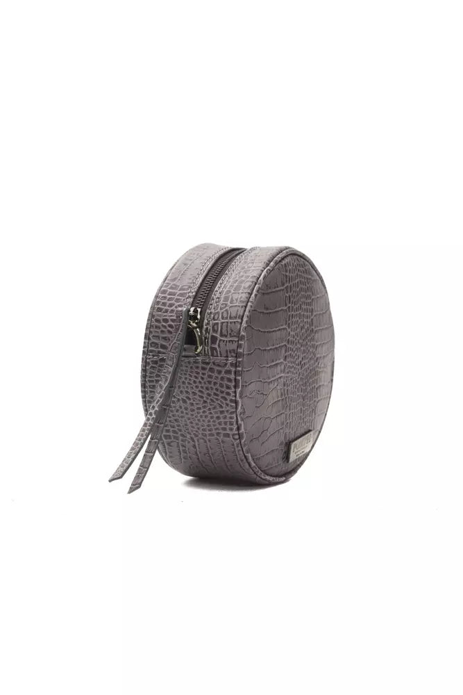 Small Crossbody Oval Handbag by Pompei Donatella for women in crocodile skin leather gray & print showcases a versatile sophistication silhouette, featuring a secure zipper, versatile sophistication , and versatile crossbody-strap & detachable-strap for a versatile sophistication finish.