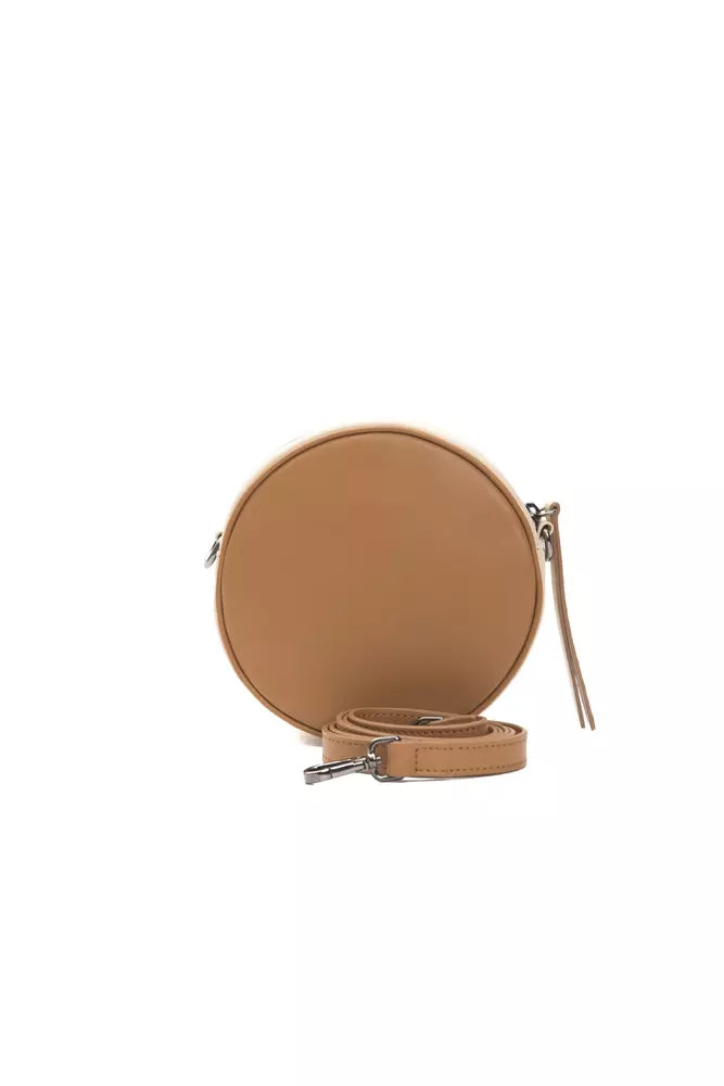 Small Crossbody Oval Handbag by Pompei Donatella for women in leather beige, brown & print features a transformative elegance silhouette, showcasing a secure , organized , and versatile crossbody-strap for a transformative elegance look.