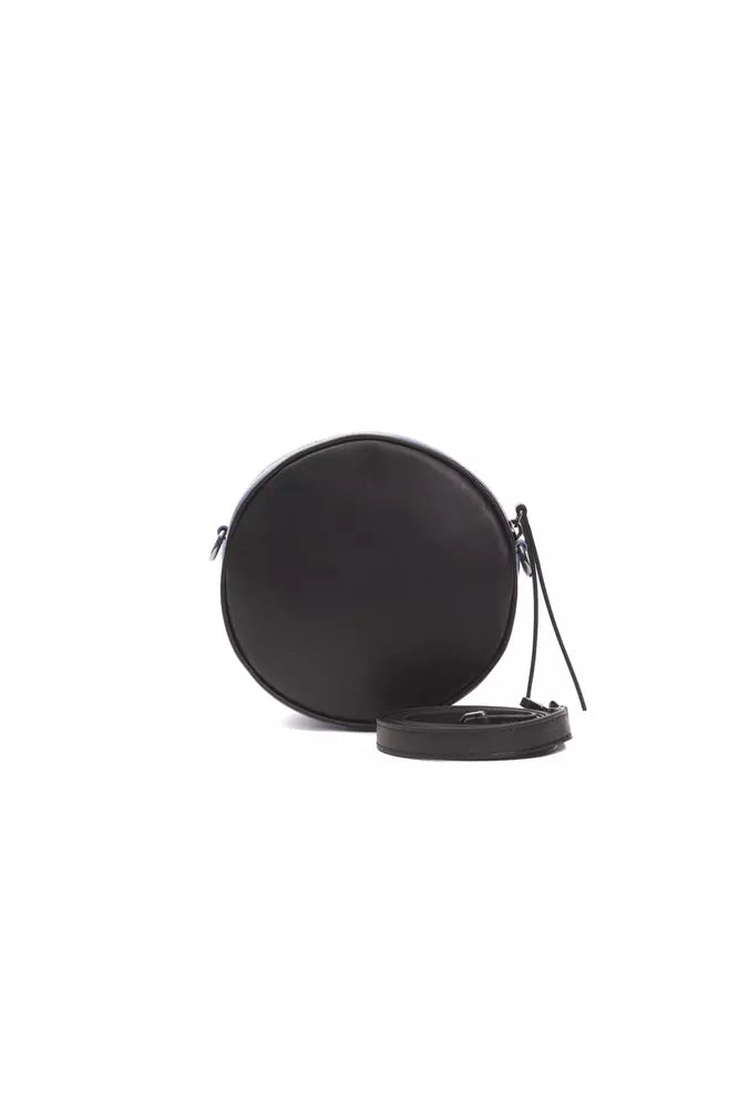 Small Crossbody Oval Handbag by Pompei Donatella for women in leather black, blue & print features a multifaceted silhouette, showcasing a secure and multifaceted with versatile crossbody-strap & adjustable-strap for multifaceted style.