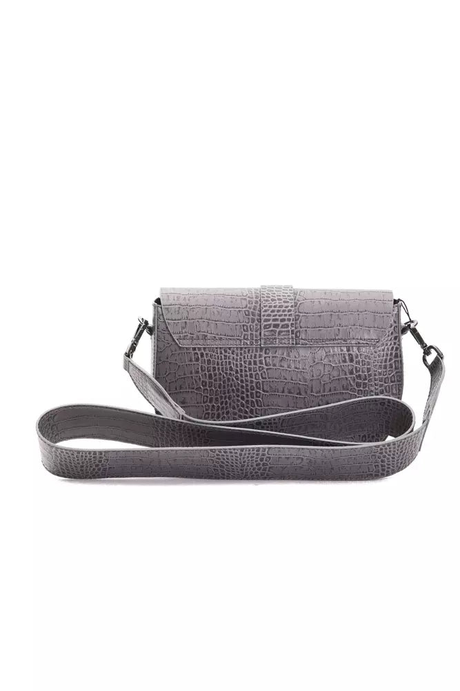 Compact Crossbody Handbag by Pompei Donatella for women in crocodile skin leather gray, signature & print features a multifaceted silhouette, showcasing a secure and multifaceted with versatile crossbody-strap & adjustable-strap for multifaceted style.