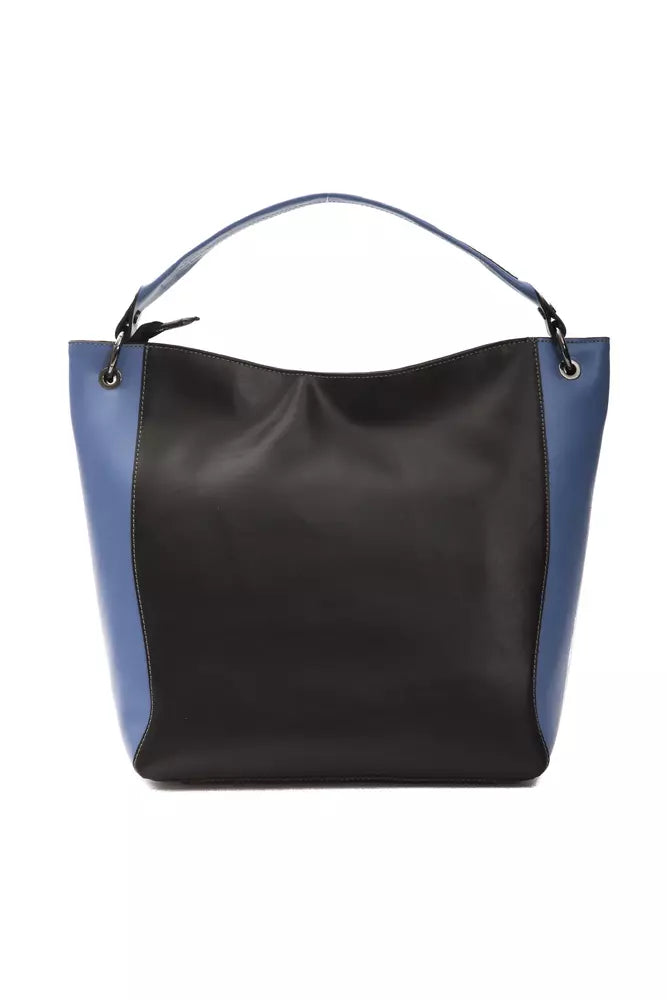 Shoulder Bag by Pompei Donatella for women in leather black, blue & silver features a stately silhouette, showcasing a secure , ample , and stately shoulder-strap & adjustable-strap for a stately finish.