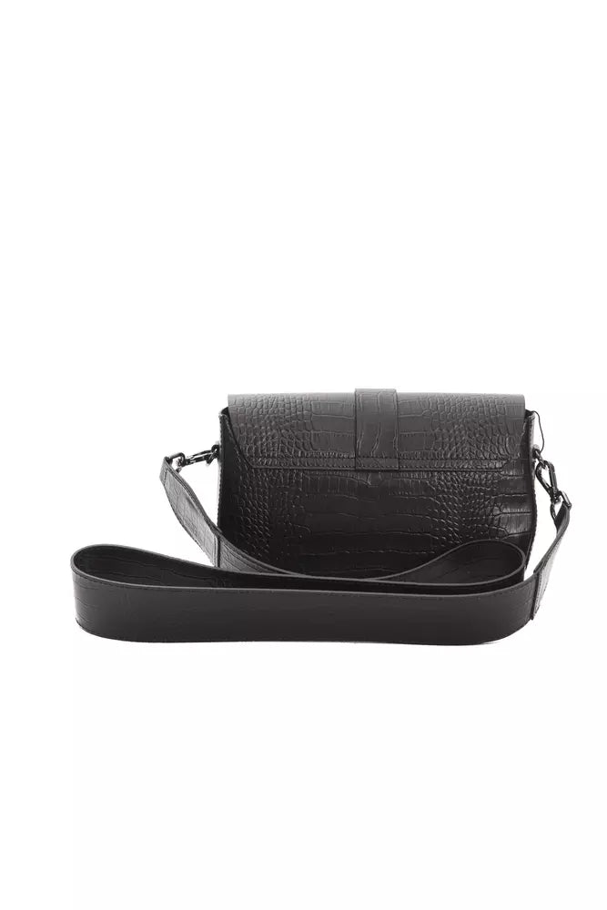Crossbody Flap Handbag by Pompei Donatella for women in crocodile skin leather black, silver & print features a transformative elegance silhouette, showcasing a secure flap, organized , and versatile crossbody-strap for a transformative elegance look.