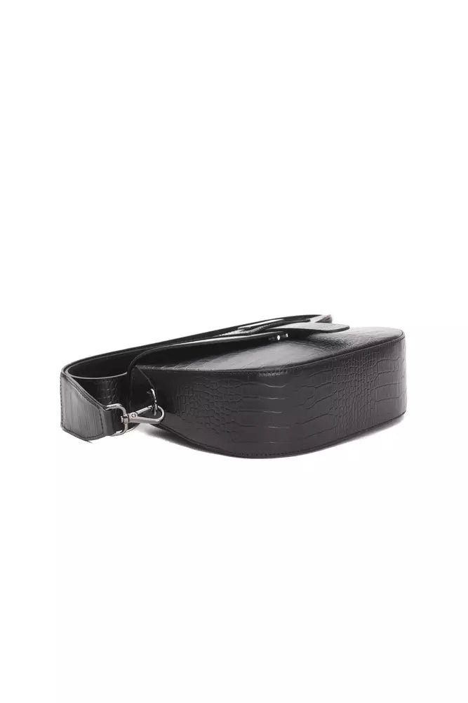 Crossbody Flap Handbag by Pompei Donatella for women in crocodile skin leather black, silver & print features a versatile chic silhouette, meticulously detailed with a secure flap, ample , and versatile crossbody-strap.