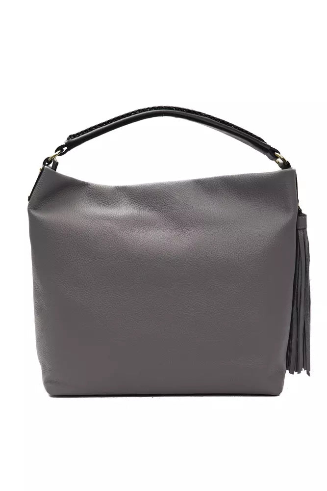 Shoulder Bag by Pompei Donatella for women in leather & metal gray & gold presents a statuesque silhouette, showcasing a secure zipper and statuesque with versatile shoulder-strap, handle & adjustable-strap for a sophisticated look.