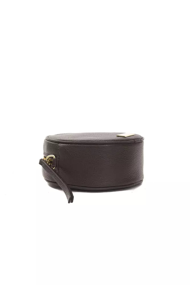 Small Crossbody Oval Handbag by Pompei Donatella for women in leather brown features a versatile chic silhouette, meticulously detailed with a secure , ample built-in-compartments, and versatile crossbody-strap.