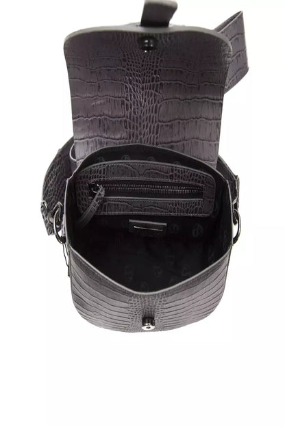 Compact Crossbody Handbag by Pompei Donatella for women in crocodile skin leather gray, signature & print features a versatile chic silhouette, meticulously detailed with a secure , ample , and versatile crossbody-strap & adjustable-strap.