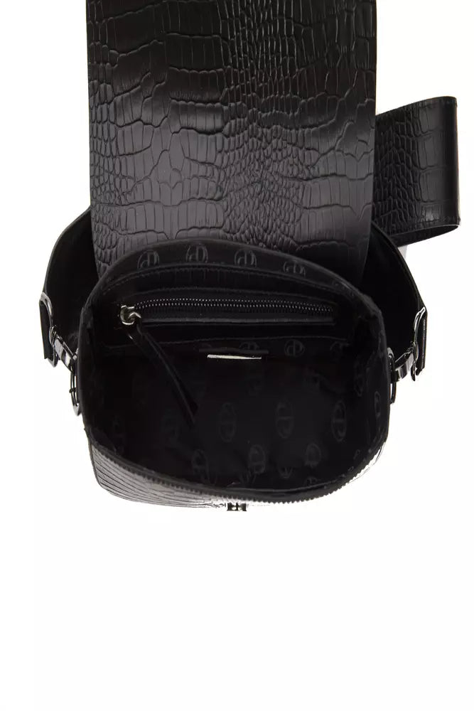 Crossbody Flap Handbag by Pompei Donatella for women in crocodile skin leather black, silver & print features a multifaceted silhouette, showcasing a secure flap and multifaceted with versatile crossbody-strap for multifaceted style.