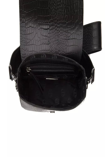 Crossbody Flap Handbag by Pompei Donatella for women in crocodile skin leather black, silver & print features a multifaceted silhouette, showcasing a secure flap and multifaceted with versatile crossbody-strap for multifaceted style.