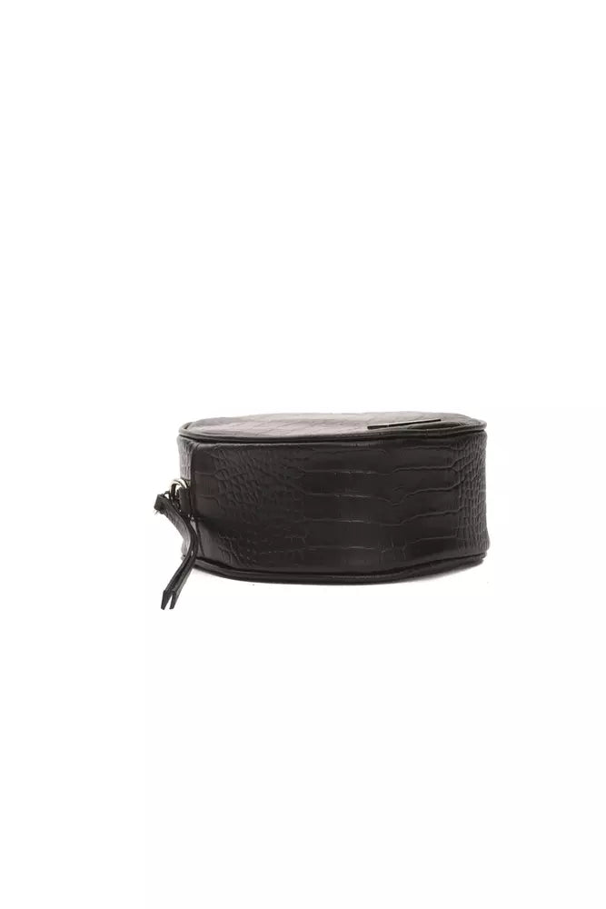 Oval Crossbody Handbag by Pompei Donatella for women in crocodile skin leather black, signature & print features an multi-faceted design with a secure , ample , and versatile crossbody-strap for a multi-faceted finish.