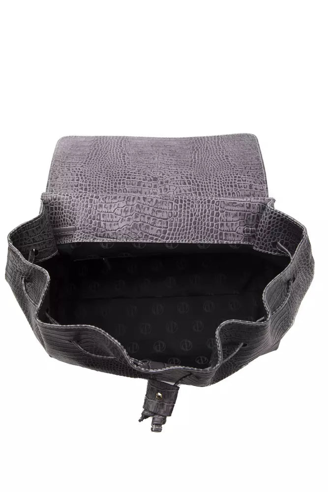 Travel Backpack Handbag by Pompei Donatella for women in crocodile skin leather gray, signature-print & print features a ornamental silhouette, showcasing a secure , ample , and ornamental backpack-strap & adjustable-strap for a sophisticated look.