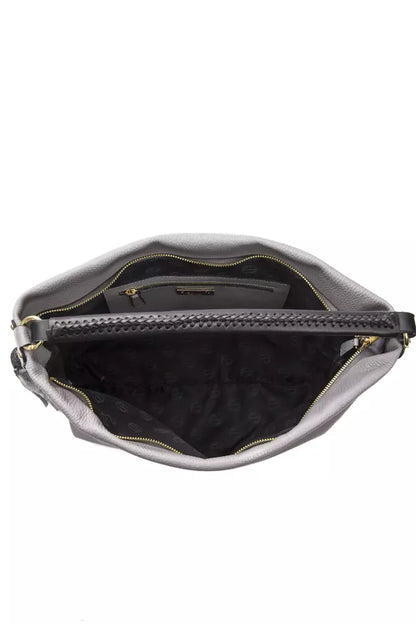 Shoulder Bag by Pompei Donatella for women in leather & metal gray & gold features a statuesque silhouette, showcasing a secure zipper and statuesque with versatile shoulder-strap, handle & adjustable-strap for a statuesque finish.