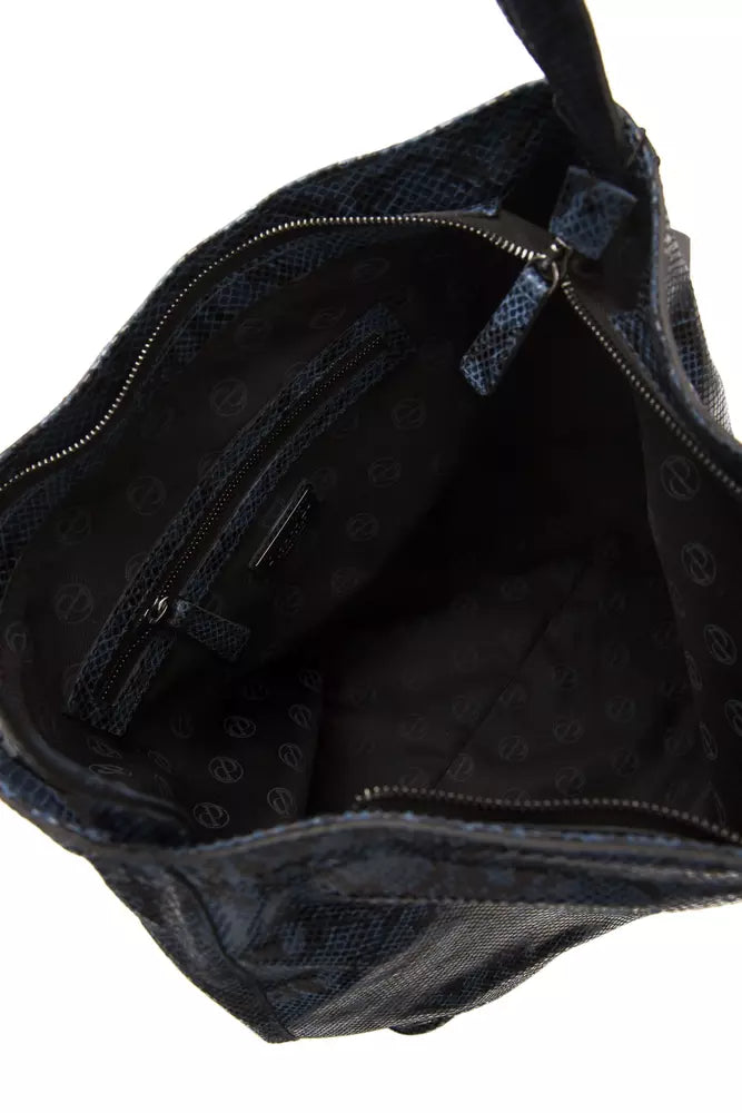 Evening Shoulder Bag by Pompei Donatella for women in python leather blue & print showcases a statuesque silhouette, artfully detailed with a secure , organized , and versatile shoulder-strap & adjustable-strap for a statuesque look.