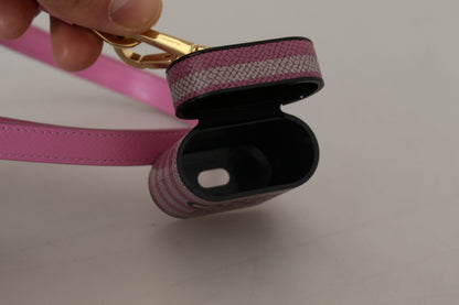 Pink Black Leather Strap Gold Metal Logo Airpods Case