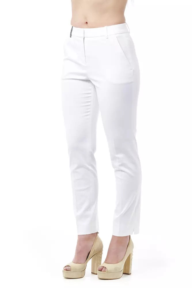 Trousers by Peserico for women in cotton white features a sculptural silhouette, showcasing a sculptural slim & cigarette and long with a sophisticated high rise for a sculptural finish.