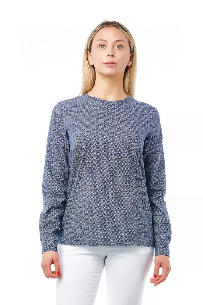 Blue Geometric Print Cotton Bagutta Women's Round Neck Blouse