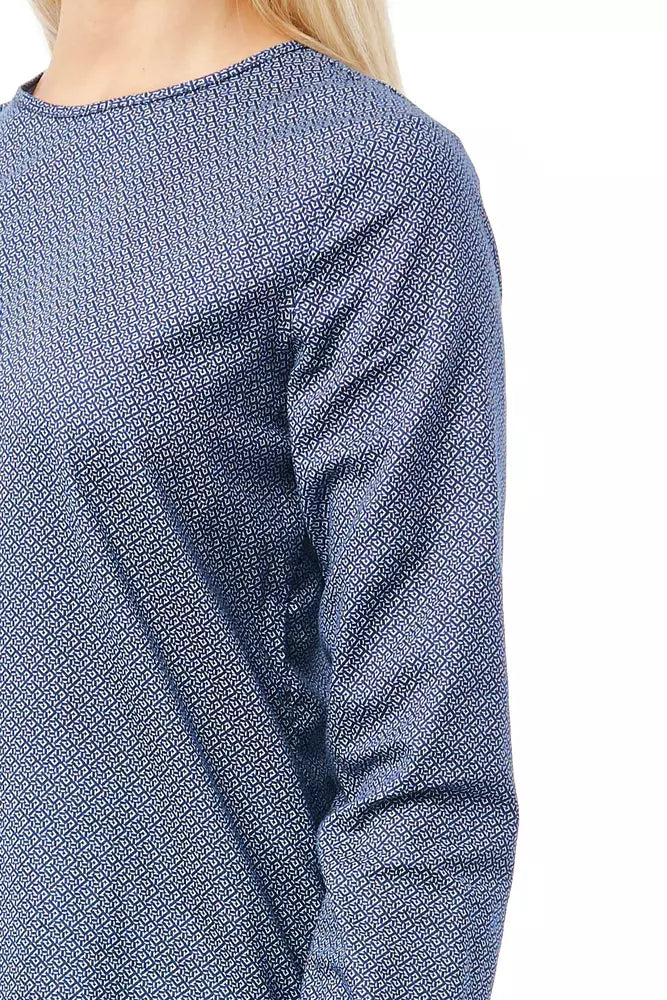Blue Geometric Print Cotton Bagutta Women's Round Neck Blouse