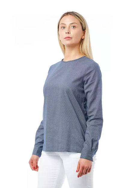 Blue Geometric Print Cotton Bagutta Women's Round Neck Blouse