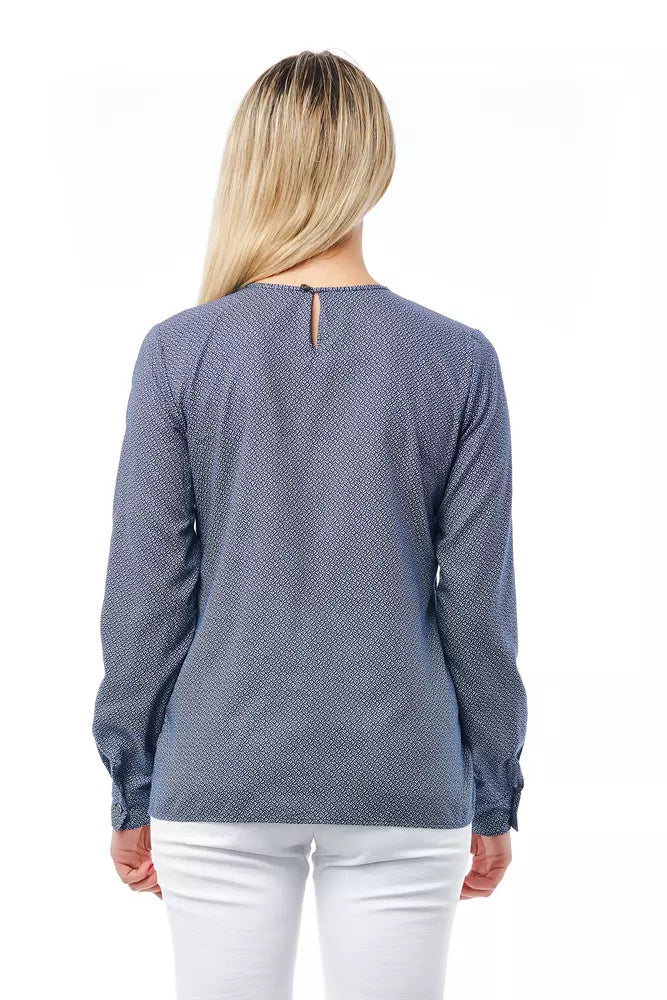 Blue Geometric Print Cotton Bagutta Women's Round Neck Blouse
