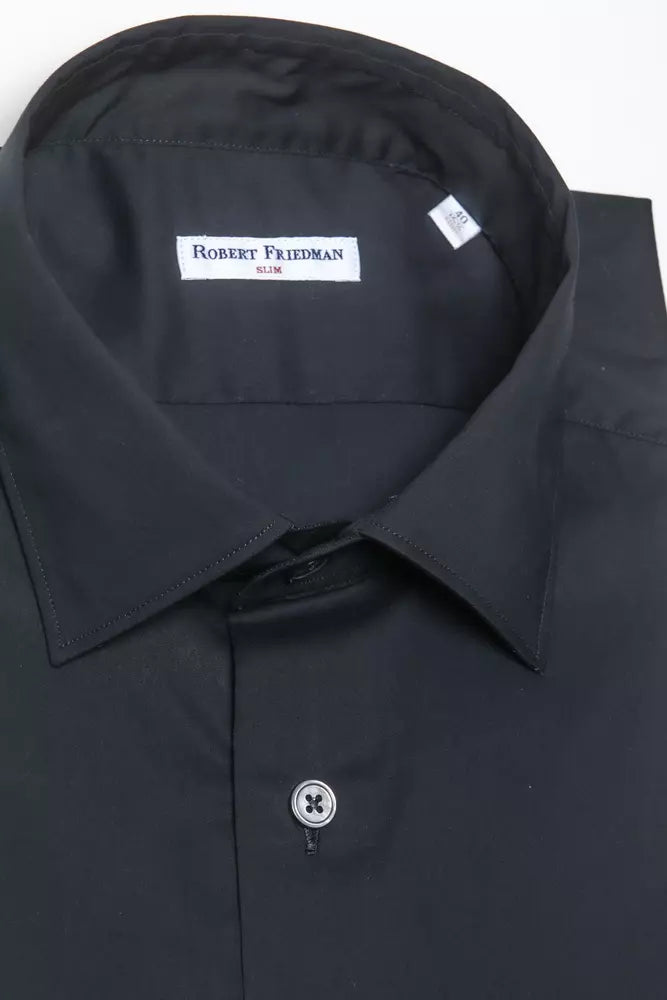 Dress Shirt by Robert Friedman for men in stretch polyamide cotton black showcases a sharp silhouette, elegantly detailed with a sharp and sharp .