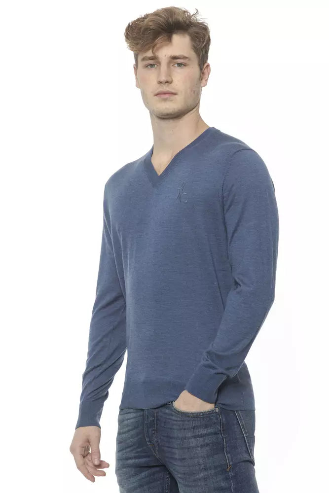 Sweater by Billionaire Italian Couture for men in cashmere blue features an polished silhouette, showcasing refined and a sophisticated v-neck neckline for a truly polished finish.