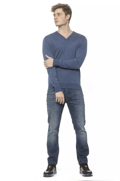 Sweater by Billionaire Italian Couture for men in cashmere blue showcases a downtown chic silhouette, artfully finished with a downtown chic and for a sophisticated, high-end look.
