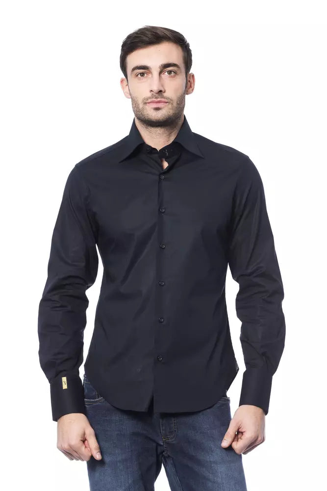 Dress Shirt by Billionaire Italian Couture for men in stretch cotton blue & monogram showcases a sublime silhouette, artfully detailed with a sublime and long-sleeve for a sophisticated, sublime finish.