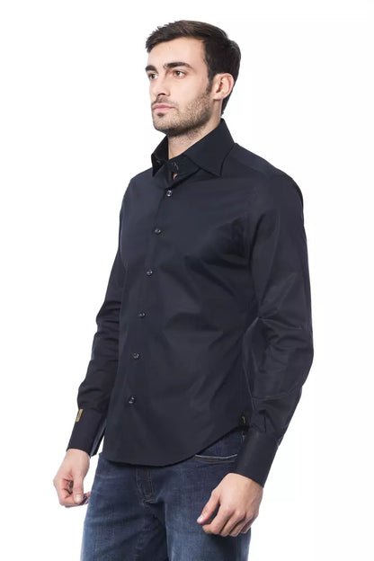 Dress Shirt by Billionaire Italian Couture for men in stretch cotton blue & monogram presents a discerning silhouette, showcasing a sophisticated and for a truly discerning finish.