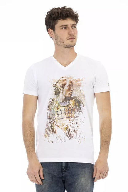 T-Shirt by Trussardi Action for men in viscose cotton white & print features an edgy silhouette, meticulously detailed with a sophisticated short-sleeve and v-neck neckline for a truly edgy finish.
