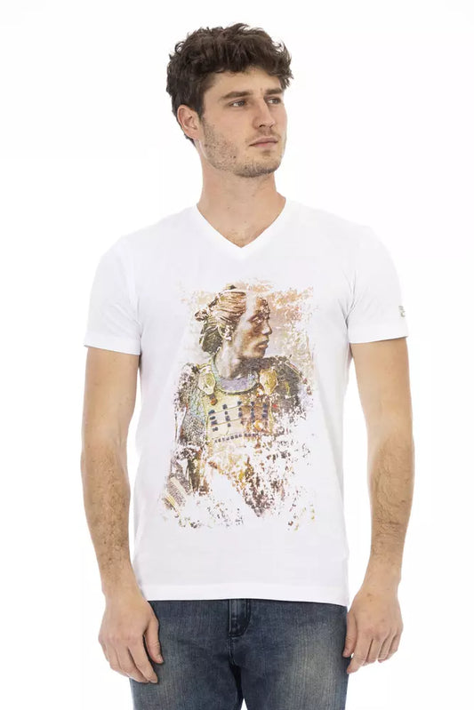 T-Shirt by Trussardi Action for men in viscose cotton white & print features an edgy silhouette, meticulously detailed with a sophisticated short-sleeve and v-neck neckline for a truly edgy finish.