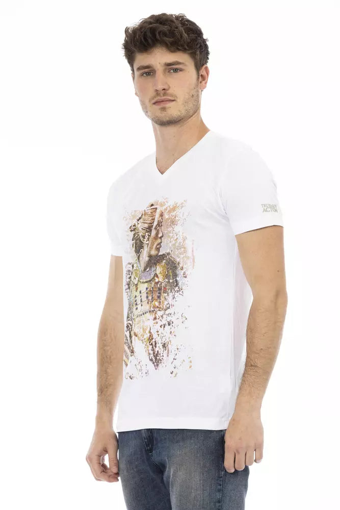 T-Shirt by Trussardi Action for men in viscose cotton white & print showcases a unassuming silhouette, artfully detailed with a refined v-neck neckline and unassuming for a sophisticated, contemporary look.