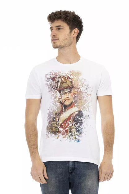 T-Shirt by Trussardi Action for men in viscose cotton canvas white & print showcases a dramatic silhouette, elegantly detailed with a dramatic and short-sleeve for a truly dramatic finish.