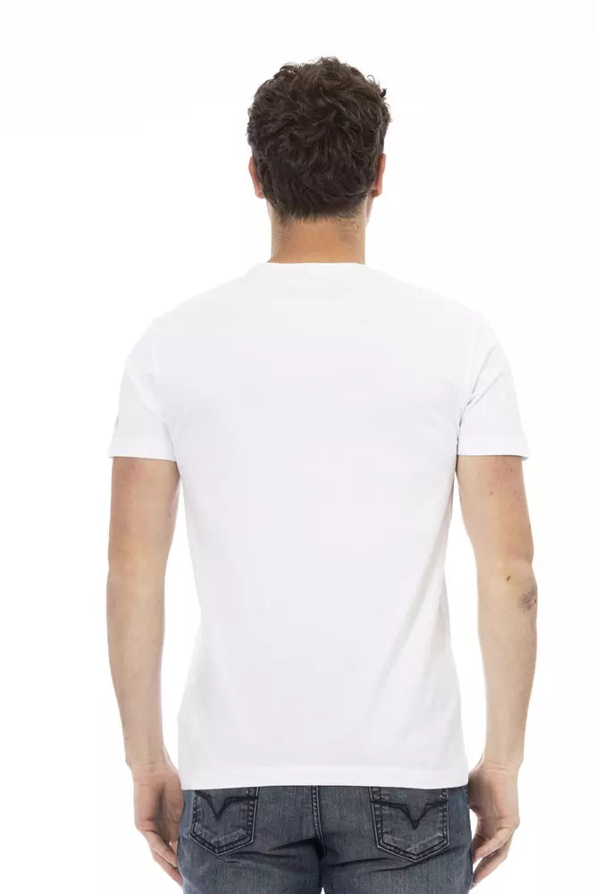 T-Shirt by Trussardi Action for men in viscose cotton canvas white & print features an edgy silhouette, meticulously detailed with a sophisticated and for a truly edgy finish.