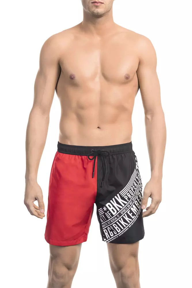 Swim Shorts by Bikkembergs for men in polyester multicolor, red & print features a beach chic silhouette, showcasing the signature style of the Waves Men's Polyester Swim Shorts.